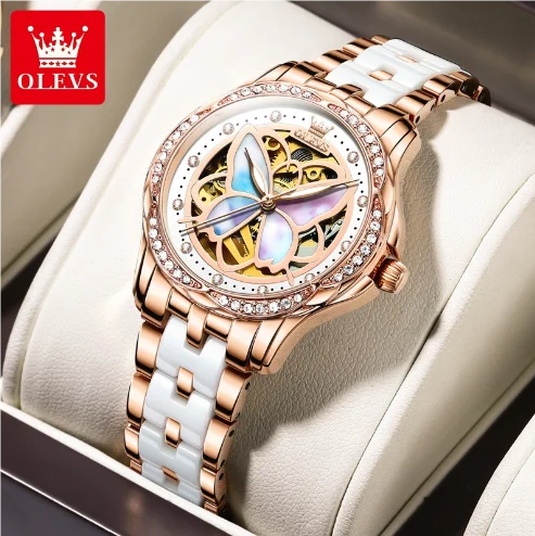OLEVS 6615 Women's Diamond Mechanical Watch – Butterfly Hollow Design, Waterproof, Luxury Ladies Timepiece