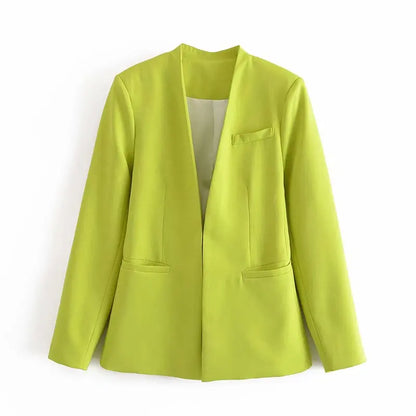 Women's Casual Long Sleeve Suit Jacket - All-Match Lapel-Free Blazer with Shoulder Pads Clemence