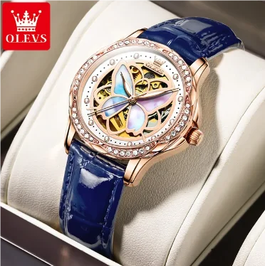 OLEVS 6615 Women's Diamond Mechanical Watch – Butterfly Hollow Design, Waterproof, Luxury Ladies Timepiece