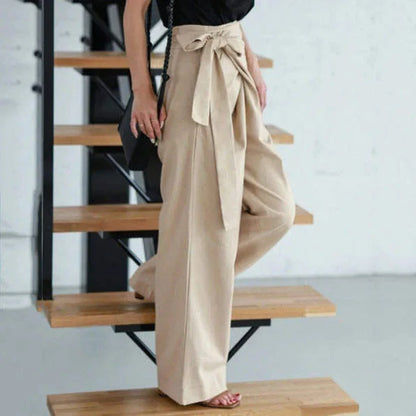 Women's Casual High-Waist Lace-Up Wide-Leg Pants - Solid Color, Loose Fit