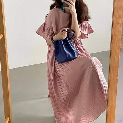 Women's Loose Pleated Patchwork Dress – Flying Sleeve Long Skirt, Casual and Stylish