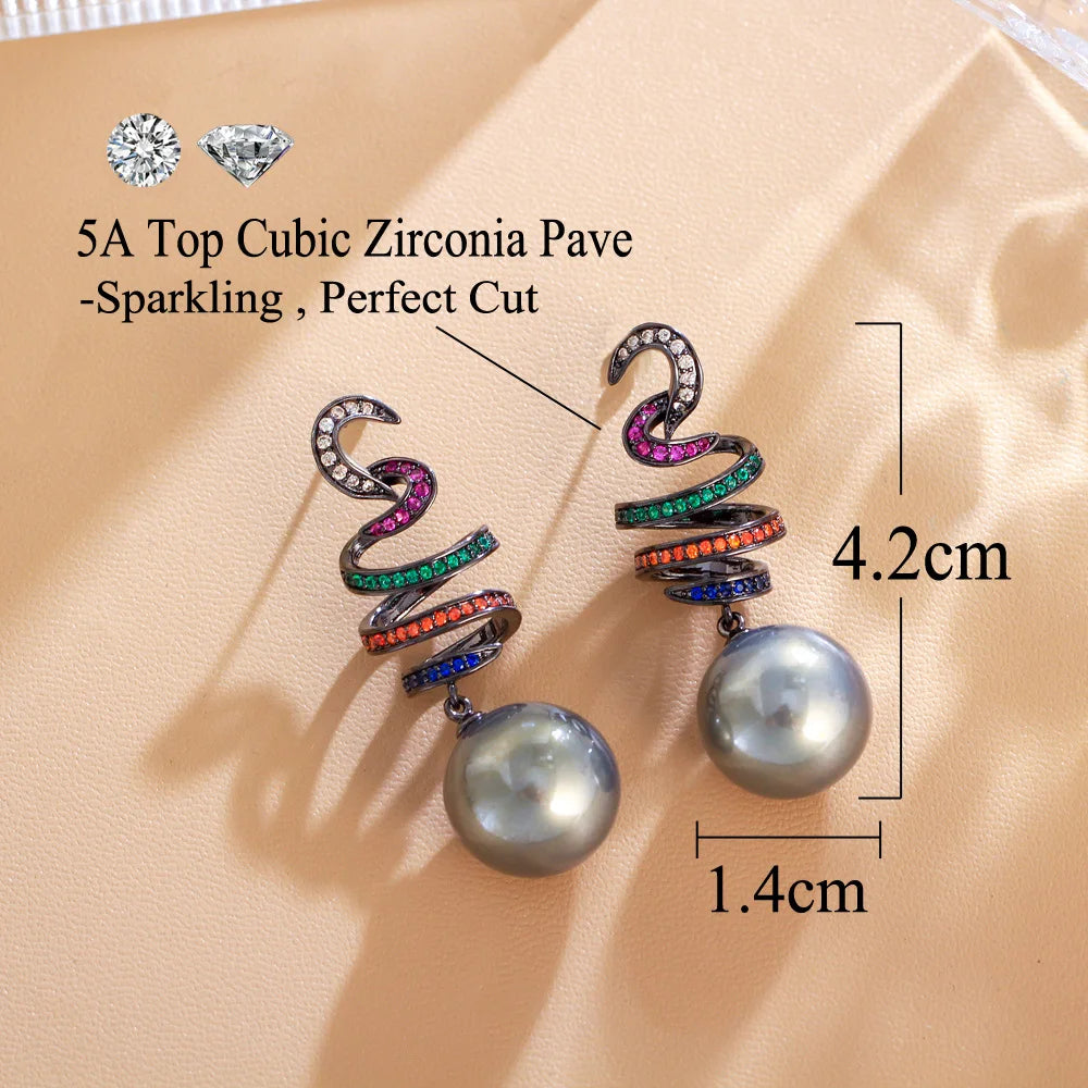 Elegant Multicolor Cubic Zirconia Dangle Earrings for Women – Geometric Design with Simulated Grey Pearls, Perfect for Weddings & Parties Ophelia