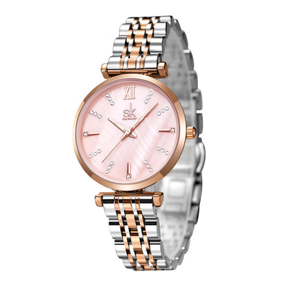 Shengke Women’s Stainless Steel Watch – Black Waterproof Quartz Wristwatch for Easy Matching Prudence
