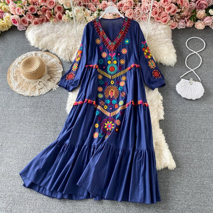 Women's Dress Bohemian Embroidered V-Neck Beach Dress – Summer Vacation Loose Fit Ethnic Style