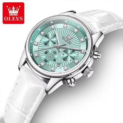 OLEVS 3669 Women's Quartz Watch – Multifunctional Elegant Wristwatch with White Leather Band, Calendar, and Luminous Hands – Perfect Gift for Ladies