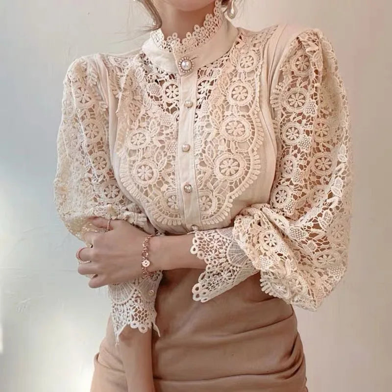 Women Blouse Petal Sleeve Stand Collar Hollow Out Flower Lace Patchwork Shirt