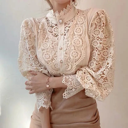 Women Blouse Petal Sleeve Stand Collar Hollow Out Flower Lace Patchwork Shirt