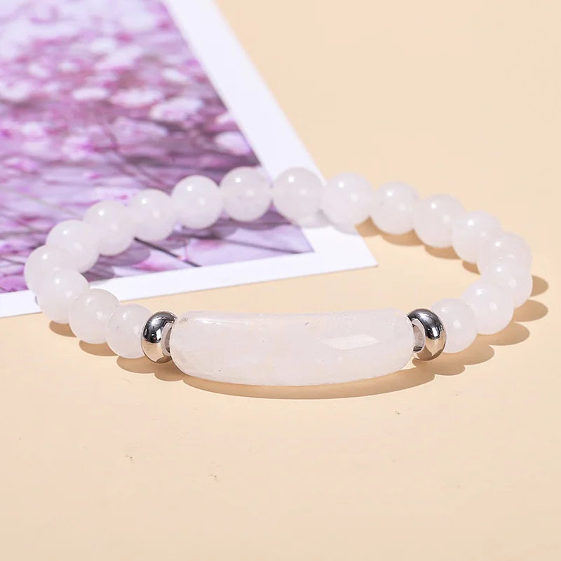 8mm Pink Crystal Bead Bracelet – Natural Stone Stretch Bracelet with Stainless Steel Accessories