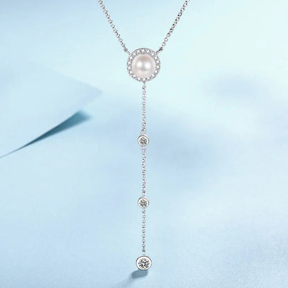 S925 Silver 0.5ct Moissanite & Freshwater Pearl Tassel Necklace | Korean Style Luxury Jewelry | Simple, Elegant Design for Parties & Special Occasions Agathe