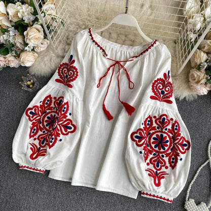 Women Blouse Retro National Style Bohemian Embroidery Lace up Tassel V-neck Lantern Sleeve