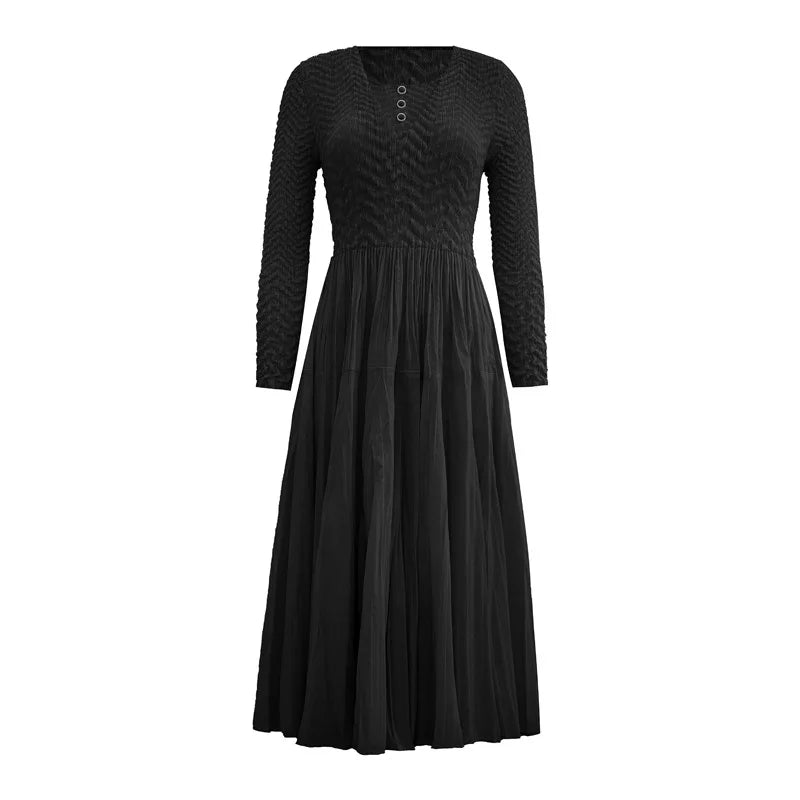 Smocked Dress Casual Slim Fit Long Sleeve Embossed Pleated Elegant Dress