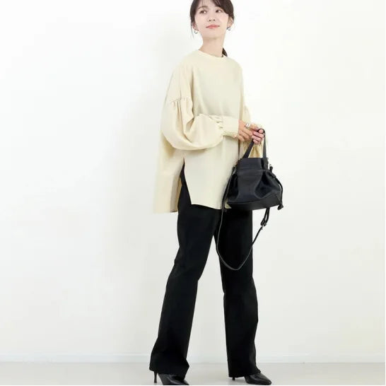 Women Blouse Round Neck Long Sleeve Slit Lantern Sleeve