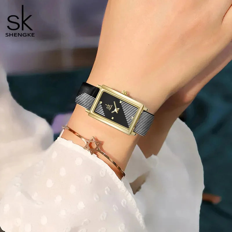 Shengke Women's Designer Rectangle Watch – Elegant Ladies Wristwatch with Leather Band and Quartz Movement Chantal