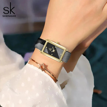 Shengke Women's Designer Rectangle Watch – Elegant Ladies Wristwatch with Leather Band and Quartz Movement Chantal