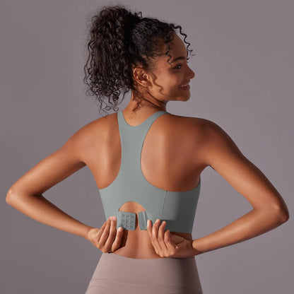 Women's Seamless Lightweight Sports Bra – Stylish Back-Breasted I-Shaped Strap, Nude Solid Color, Plus Size Running Top