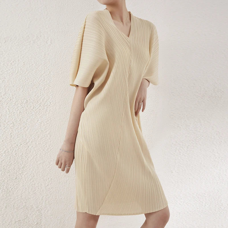 Summer Pleated V-Neck Dress | Miyake Style Mid-Length Loose Fit Plus Size Casual Women's Clothing Stella