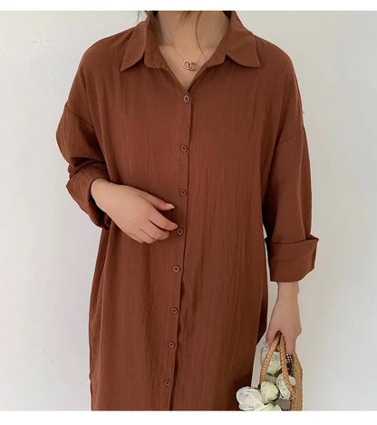 Women Loose Cotton Linen Shirt Dress Single Breasted Long Sleeve Top Spring Summer Lady Casual Dress