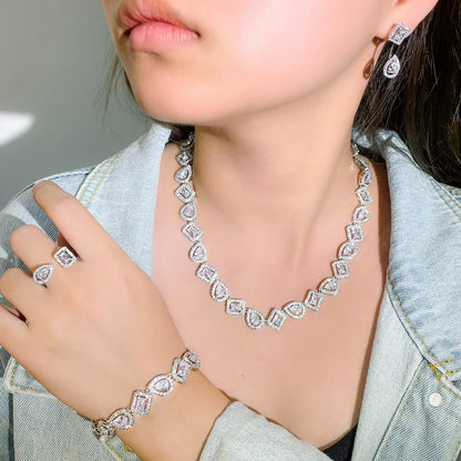 Silver Water Drop Cubic Zirconia Jewelry Set – 4pcs Ring, Bracelet, Earrings & Necklace | Luxury Accessories for Women Angelique