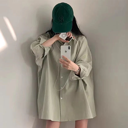 Summer Loose Fit Women's Long Sleeve Shirt – Polo Collar, Single-Breasted, Solid Color Design