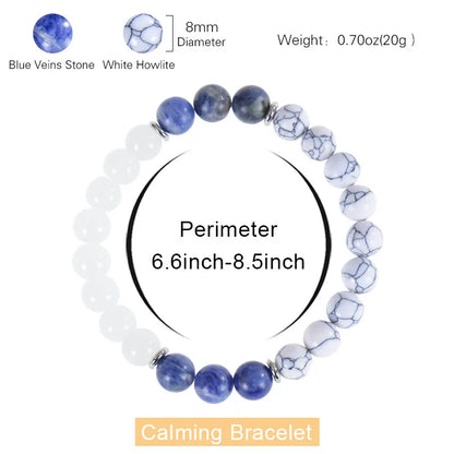 8mm Blue Veins Stone & Green Natural Stone Bracelet | Handmade Elastic Healing Beaded Jewelry with Flower Design Anaya