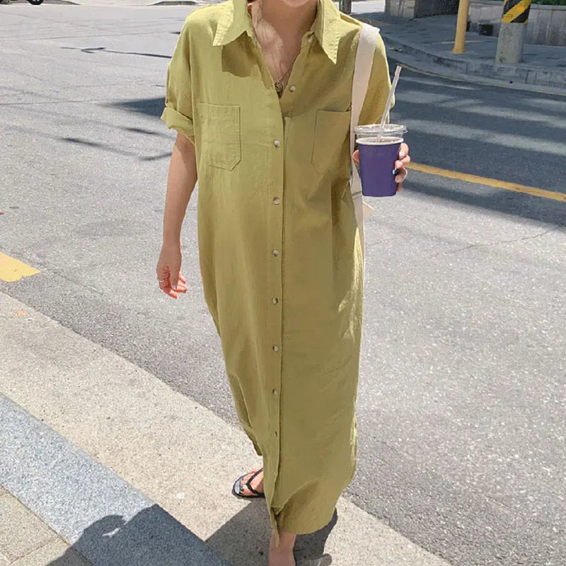 Korean Chic Summer Cotton Dress | Simple Lapel, Single-Breasted, Short-Sleeve Women's Fashion Mayella