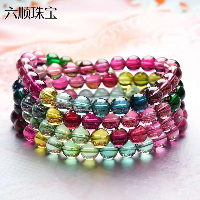 Natural Brazil Tourmaline Bracelet – Watermelon Cat's Eye, Three-Circle Carving, Tanzanite, Sugilite & Super Seven Crystal