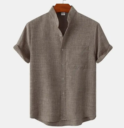 Men Summer V-neck Button up Cotton Linen Shirts Solid Color Short Sleeve Shirt Men's Fashion Trendy Shirts
