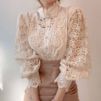 Women Blouse Petal Sleeve Stand Collar Hollow Out Flower Lace Patchwork Shirt