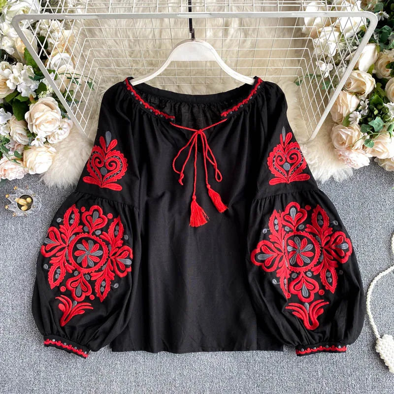 Women Blouse Retro National Style Bohemian Embroidery Lace up Tassel V-neck Lantern Sleeve