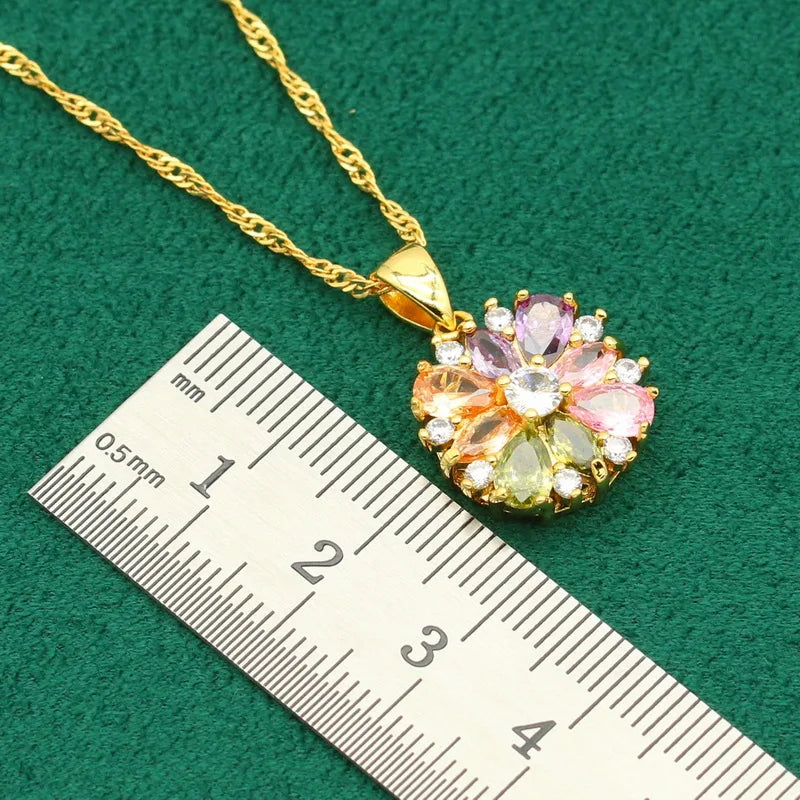 Gold-Plated Silver Wedding Jewelry Set for Women – Multi-Color Zircon Earrings, Bracelet, Pendant Necklace, and Ring Gift Aurelie