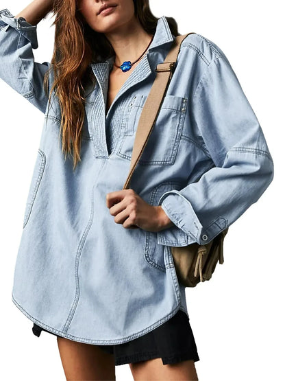 Trendy Women's Slim Fit Denim Shirt - Long Sleeve Lapel Casual Style Meghan