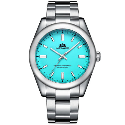 PAULAREIS Luxury Men’s Automatic Watch – Luminous Sky Blue Dial, Waterproof Mechanical Wristwatch with Stainless Steel Band Allen