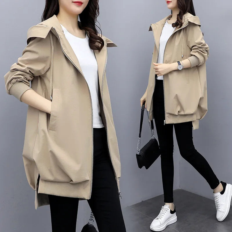 Women's Black Hooded Windbreaker – Mid-Length Casual Korean Style Coat for Spring and Autumn Lyra