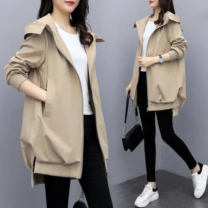 Women's Black Hooded Windbreaker – Mid-Length Casual Korean Style Coat for Spring and Autumn Lyra