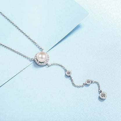 S925 Silver 0.5ct Moissanite & Freshwater Pearl Tassel Necklace | Korean Style Luxury Jewelry | Simple, Elegant Design for Parties & Special Occasions Agathe