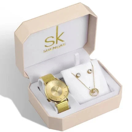 SK Women’s Watch and Bracelet Set – Fashion Bling Jewelry Gift Set with Necklace | Stylish Ladies Wristwatch Set