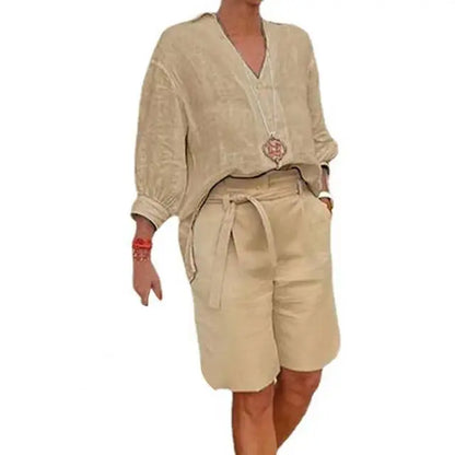 Women's Summer Cotton Linen Set | V-Neck Loose Shirt & Casual Shorts Bea