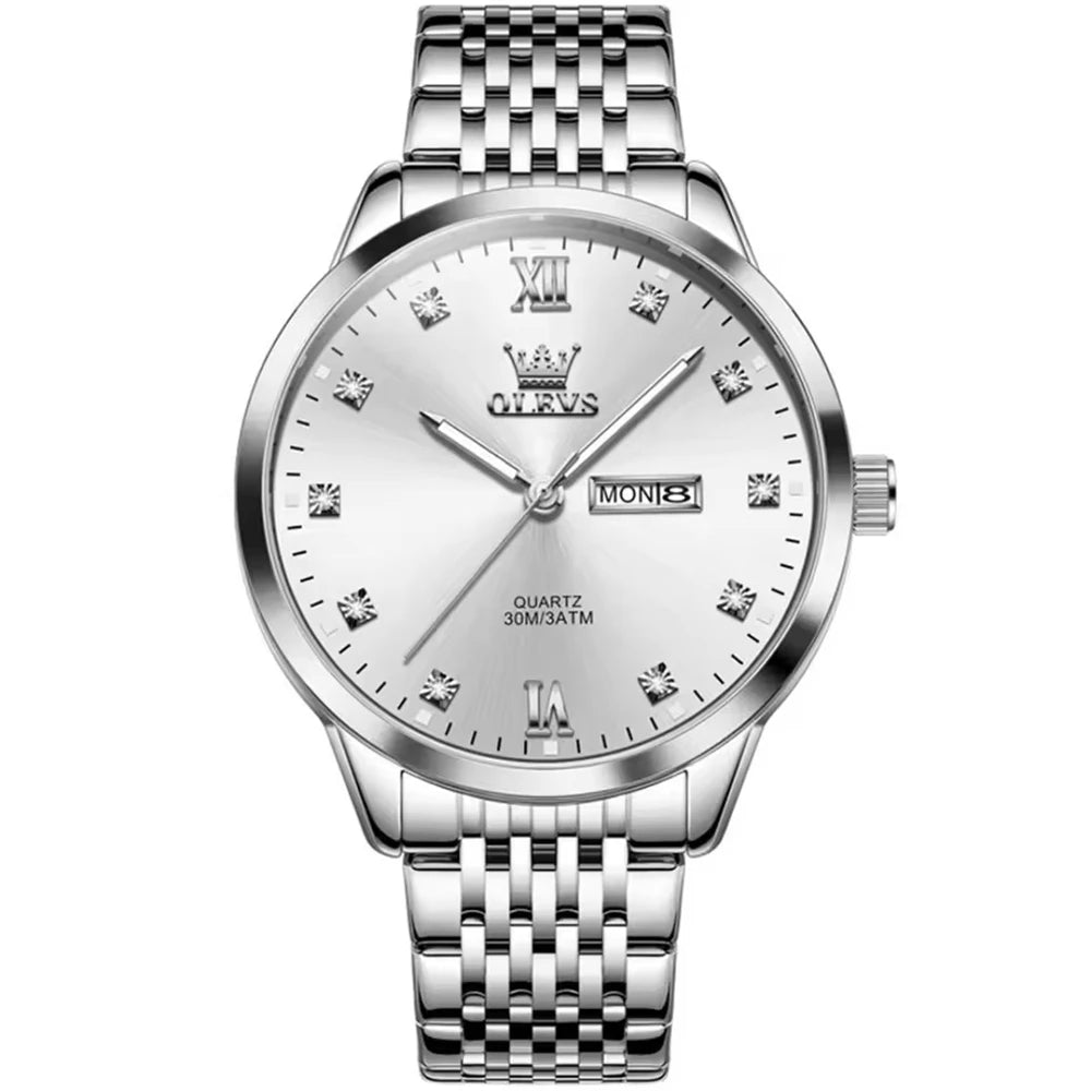 OLEVS 2943 Fashion Quartz Watch – Stainless Steel Band, Round Dial, Week Display & Calendar