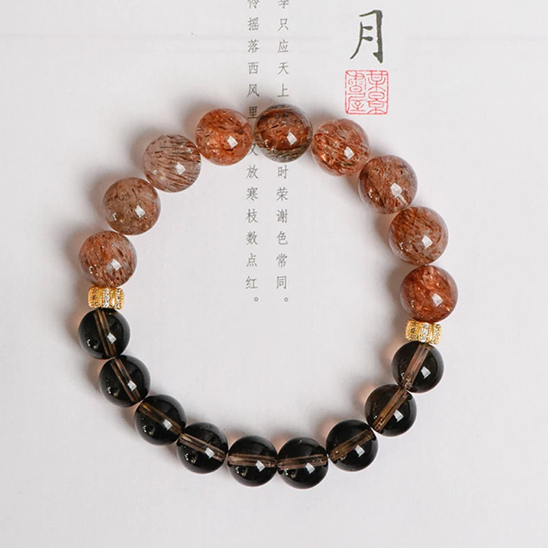 High-Quality Super Seven Energy Bracelet – Natural Smoky Quartz & Black Gold Beaded Religious Jewelry for Healing and Wealth