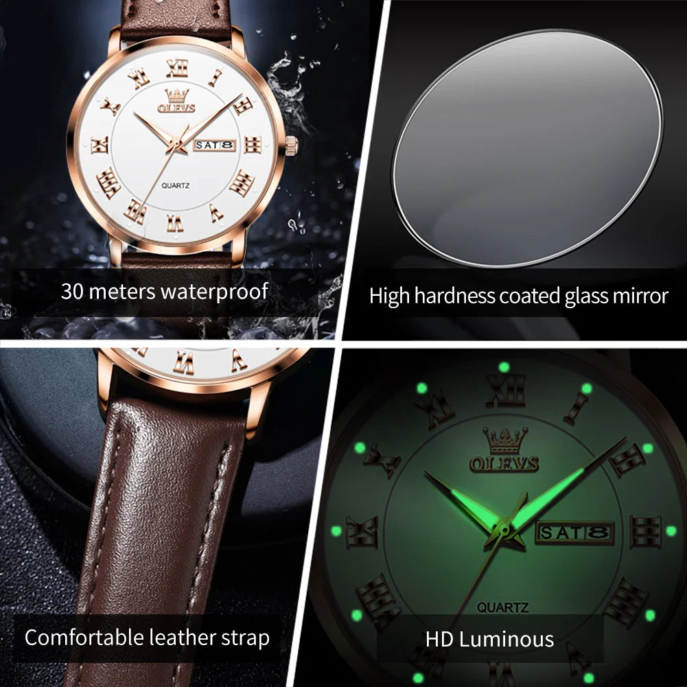 OLEVS 2920 Luxury Custom Logo Quartz Watch – Waterproof Genuine Leather Wristwatch with Luminous Design for Men
