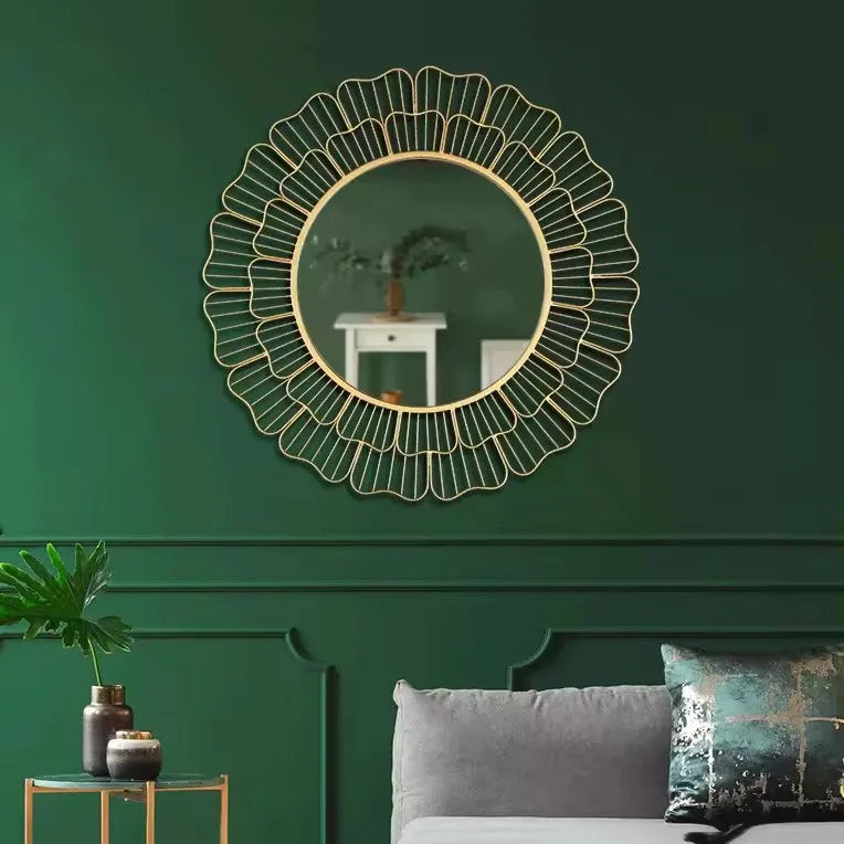 Large Round Gold Wall Mirror – Modern Iron Frame Decorative Wall Hanging for Living Room and Home Furniture
