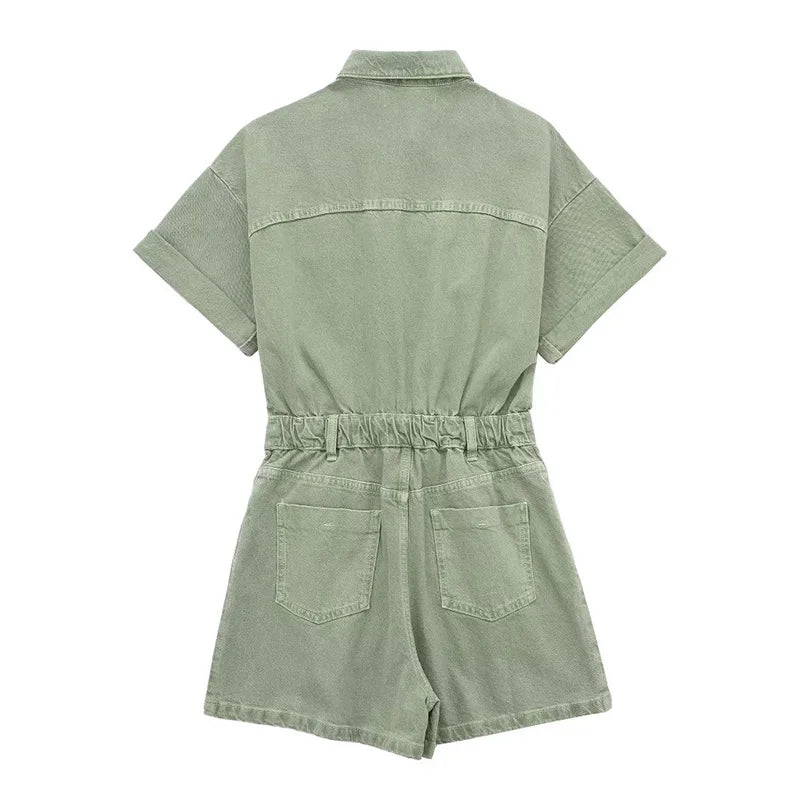 Women's Denim Short Jumpsuit - Retro High-Waist Style with Zipper Placket | Casual Chic Outfit Sabrina