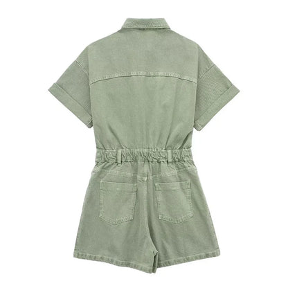 Women's Denim Short Jumpsuit - Retro High-Waist Style with Zipper Placket | Casual Chic Outfit Sabrina