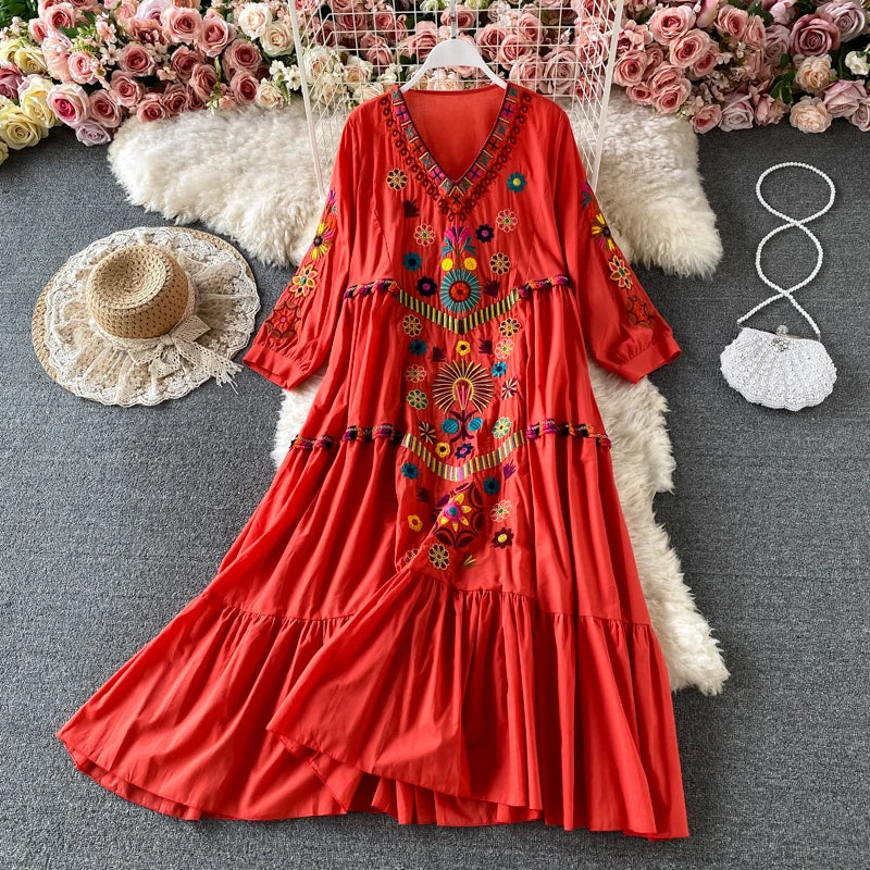 Women's Dress Bohemian Embroidered V-Neck Beach Dress – Summer Vacation Loose Fit Ethnic Style