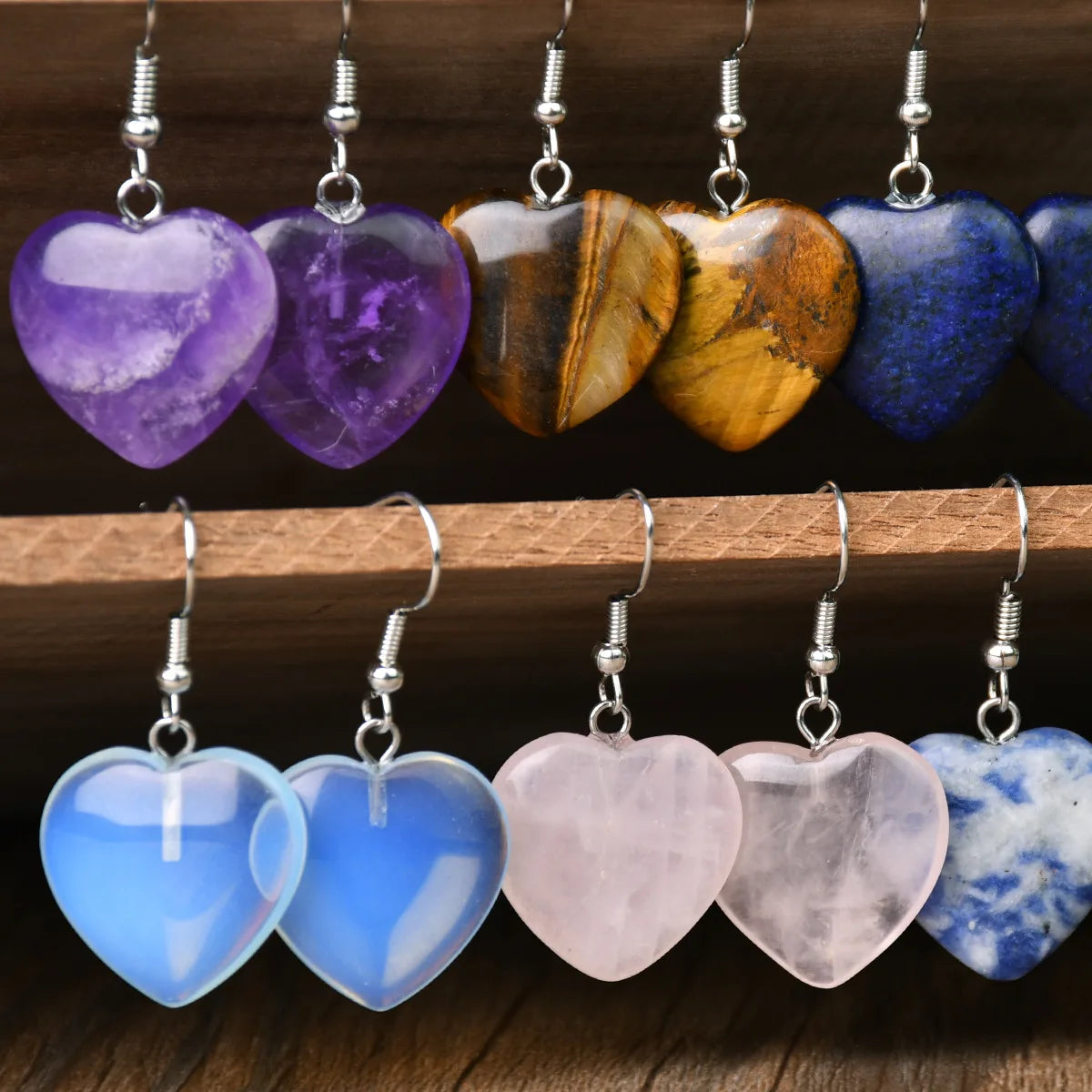Natural Stone Dangle Earrings – Turquoise, Amethyst, Tiger Eye Heart Design, Handmade Jewelry for Women