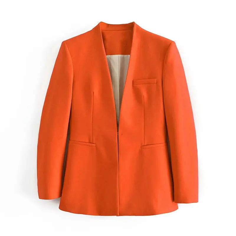Women's Casual Long Sleeve Suit Jacket - All-Match Lapel-Free Blazer with Shoulder Pads Clemence