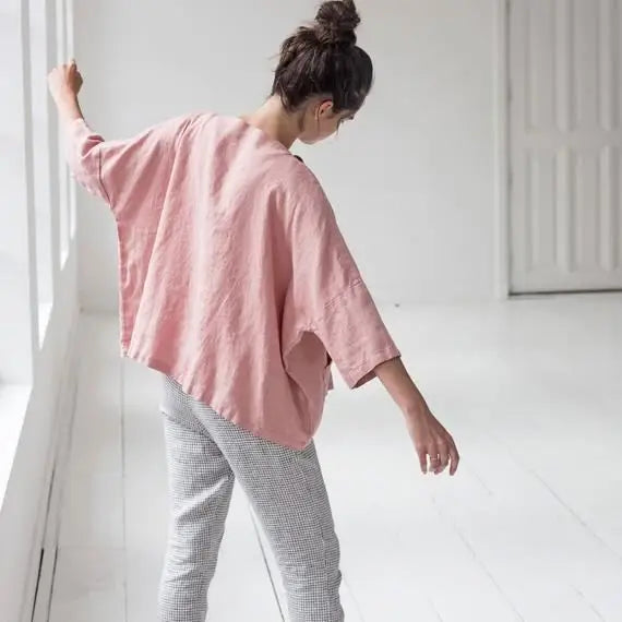 Women Summer Ladies Blouse Cotton Linen Casual Loose Blouses T-shirt Clothing Casual Pullover Shirt