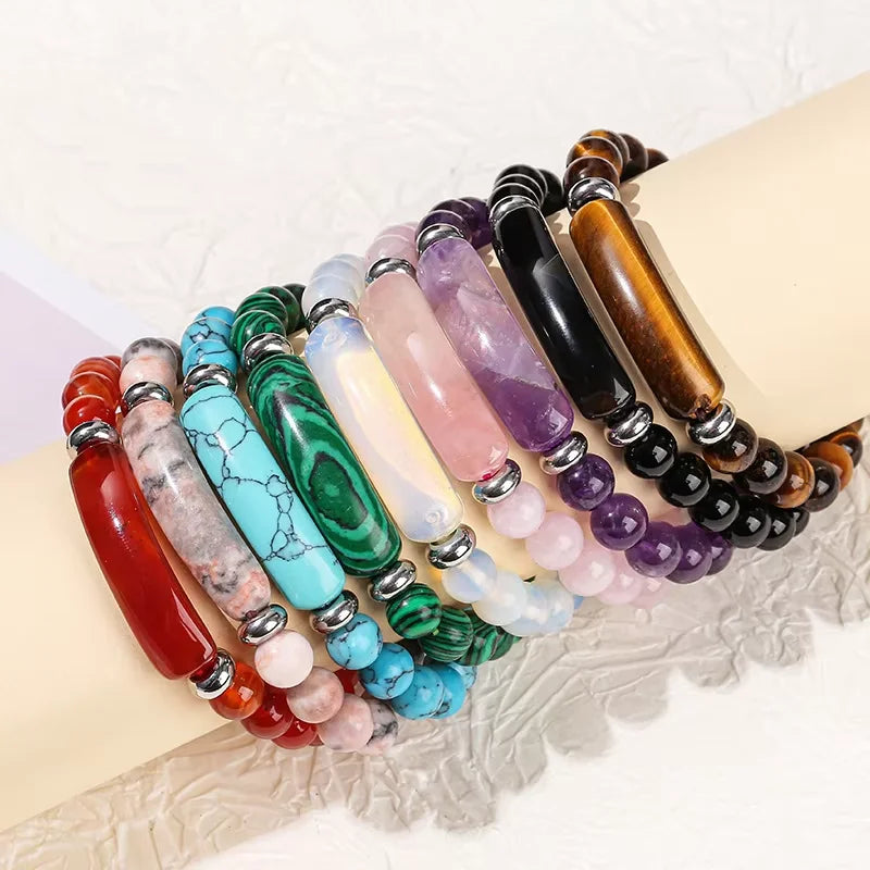 8mm Pink Crystal Bead Bracelet – Natural Stone Stretch Bracelet with Stainless Steel Accessories