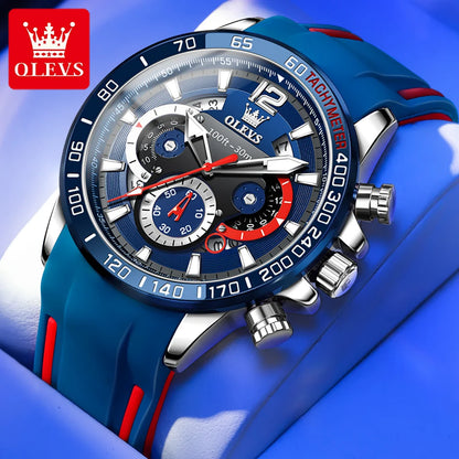 OLEVS 9936 Men's Sports Watch - Silicone Blue Strap, Waterproof Quartz, Luminous, Calendar Display