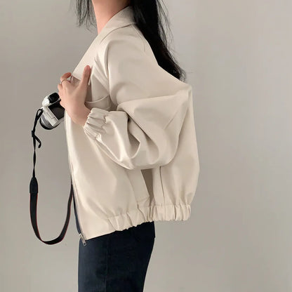 Women's PU Leather Polo Jacket – Loose Fit Casual Solid Color Long Sleeve Top Tally